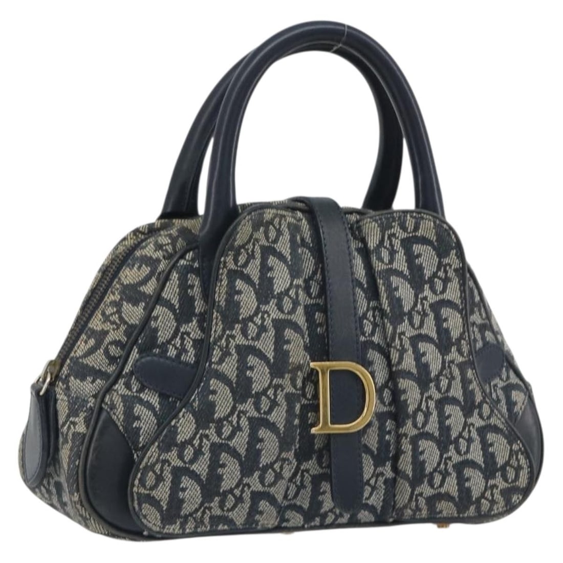 Christian Dior Double Saddle Hand Bag in Navy Gold Trotter Canvas: Christian Dior Double Saddle Hand Bag in Navy Gold Trotter Canvas Christian Dior Trotter canvas double saddle handbag in navy and gold, made in Italy. This women's handbag includes a dust bag and show