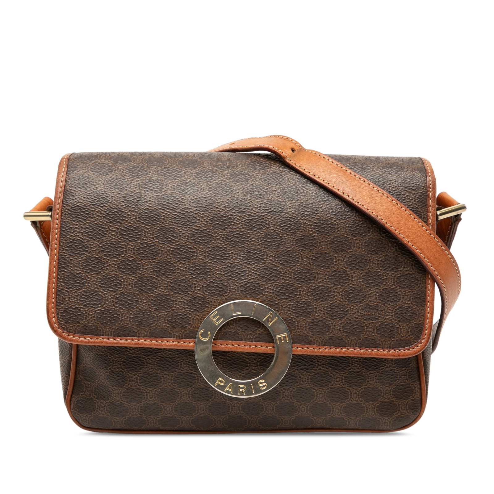 Celine Macadam Brown Crossbody Bag Coated Canvas Leather Trim: Celine Macadam Brown Crossbody Bag Coated Canvas Leather Trim Celine Macadam coated canvas crossbody bag with leather trim and an adjustable flat leather strap. The design features a front flap with m