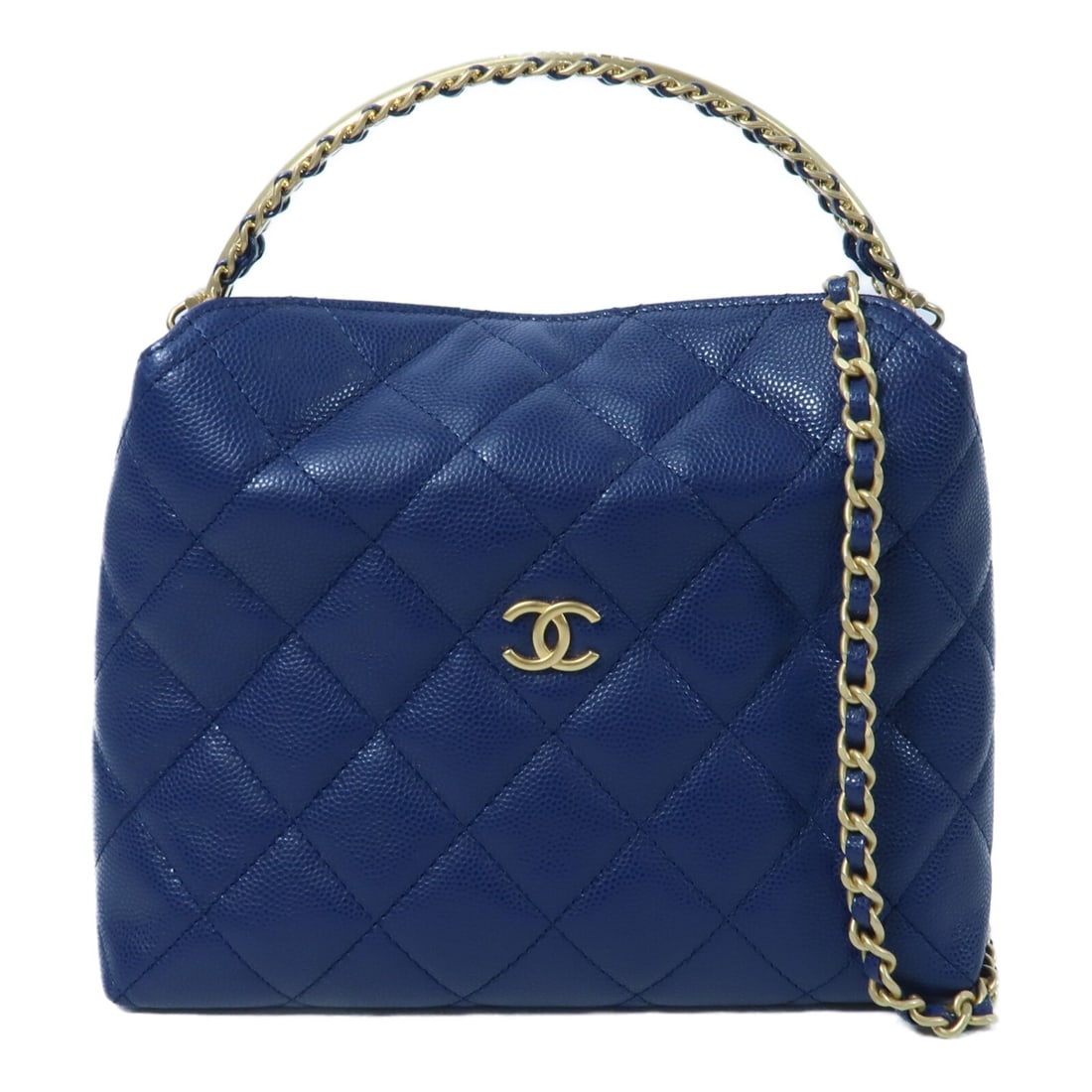 CHANEL CC 2 Way Chain Shoulder Bag Blue Calfskin Leather GHW: CHANEL CC 2 Way Chain Shoulder Bag Blue Calfskin Leather GHW CHANEL 2-way shoulder bag in blue calfskin (cowhide) with CC and gold-tone hardware. It features a magnetic pocket and an open interior poc