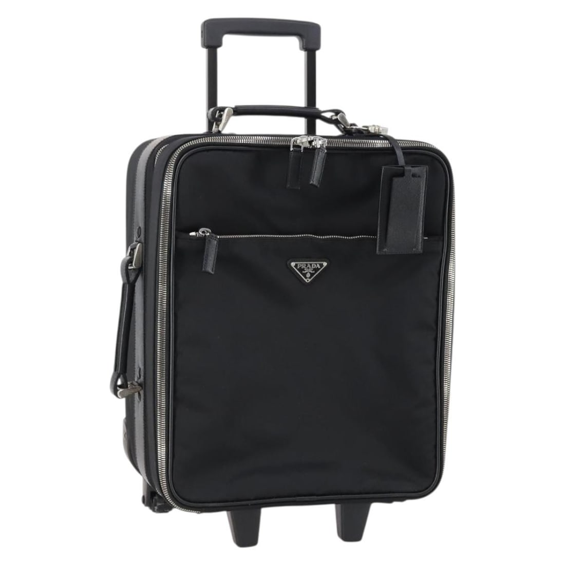 PRADA Black Saffiano Leather Suitcase with Padlock and Name Tag: PRADA Black Saffiano Leather Suitcase with Padlock and Name Tag This PRADA suitcase is crafted from luxurious Saffiano leather in a striking black and silver color scheme. Designed for elegance and fu