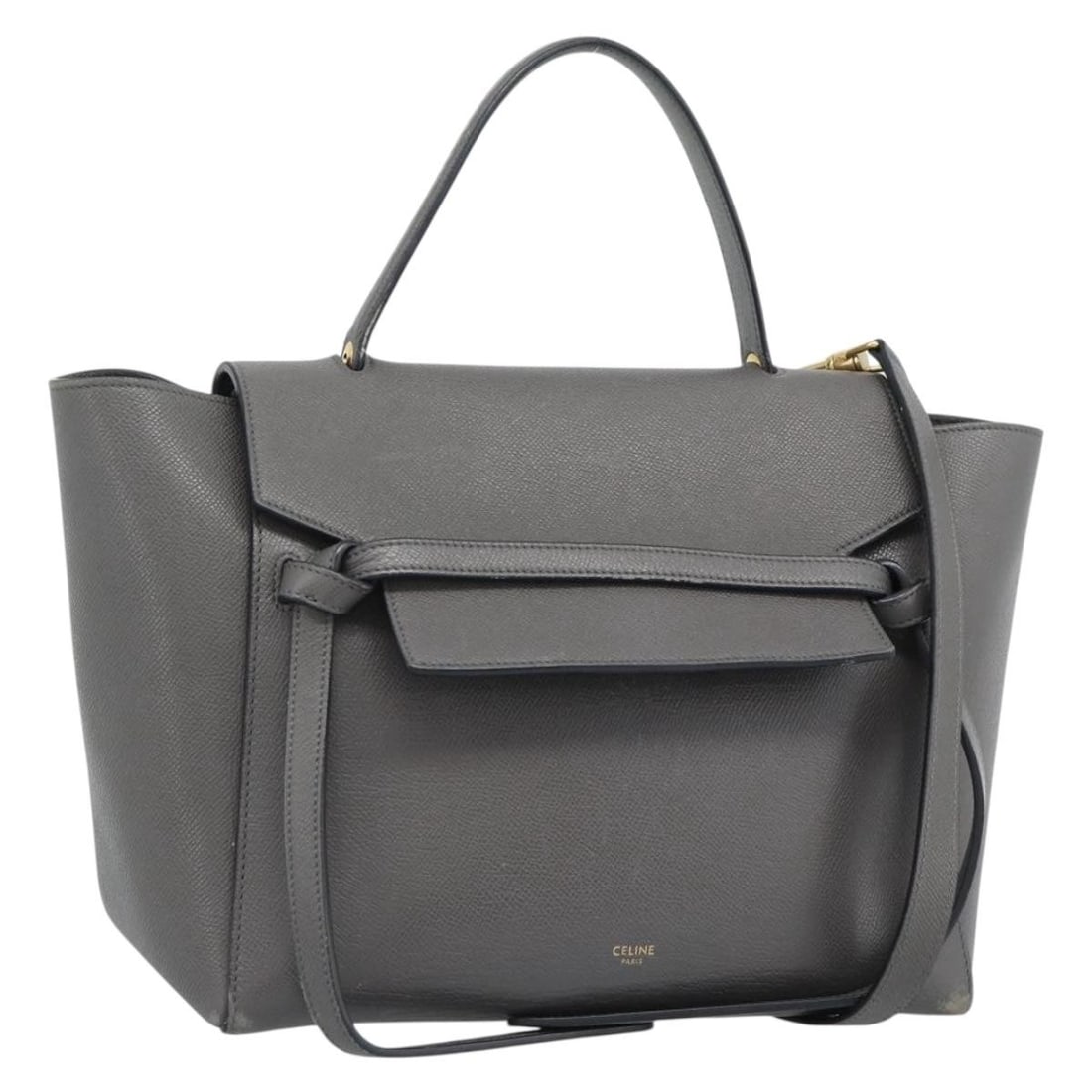 CELINE Micro Belt 2way Leather Handbag Gray with Strap: CELINE Micro Belt 2way Leather Handbag Gray with Strap Celine Micro Belt 2-way handbag in gray leather with gold-tone accents. This women's handbag includes a top handle and a detachable shoulder stra