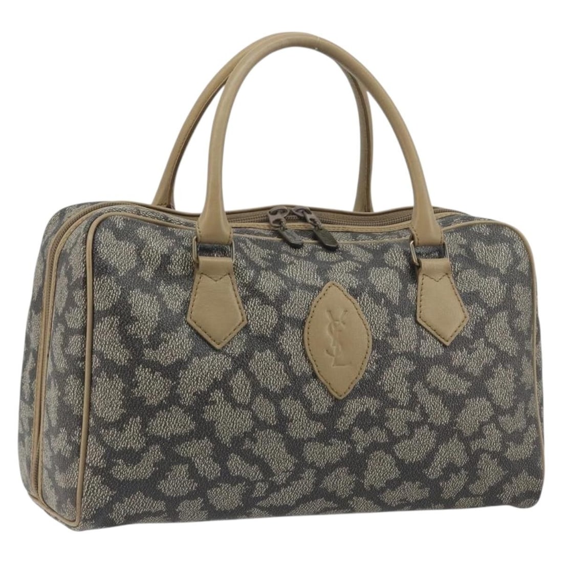 Saint Laurent Gray Gold PVC Leather Mini Boston Bag: Saint Laurent Gray Gold PVC Leather Mini Boston Bag Authentic Saint Laurent mini Boston bag in gray and gold PVC leather. This women's handbag has a structured Boston bag silhouette with dual handles.
