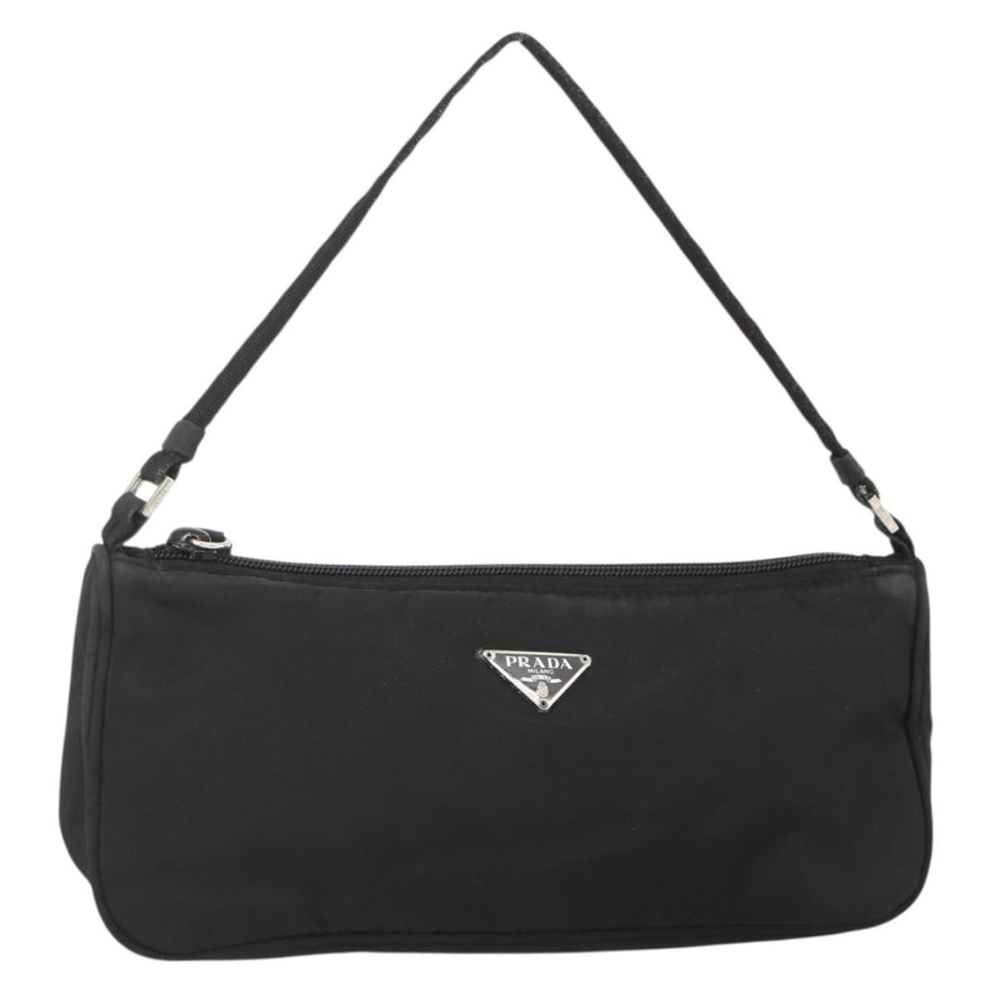 PRADA Nylon Accessory Pouch Handbag Black Silver Italy: PRADA Nylon Accessory Pouch Handbag Black Silver Italy Prada accessory pouch in black nylon with silver-tone accents. Made in Italy, this women's pouch is offered in heavily used condition with visibl