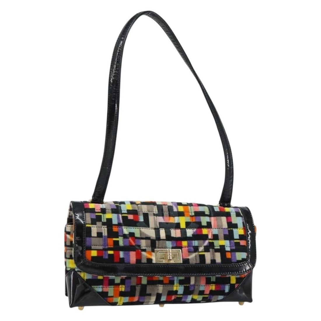 CHANEL 2.55 Velor Shoulder Bag in Multicolor with Gold CC: CHANEL 2.55 Velor Shoulder Bag in Multicolor with Gold CC Authentic CHANEL 2.55 shoulder bag in multicolor velor with gold-tone CC detailing. Made in France, this women's bag includes the guarantee ca