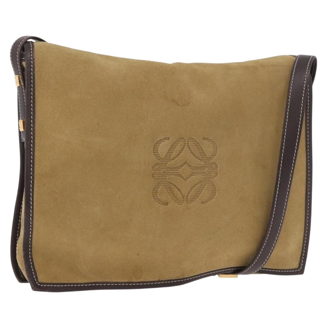 LOEWE Anagram suede shoulder bag beige gold tone: LOEWE Anagram suede shoulder bag beige gold tone Authentic LOEWE Anagram shoulder bag in beige suede with gold-tone detailing. This women's bag is made in Spain and includes only the item shown; the o