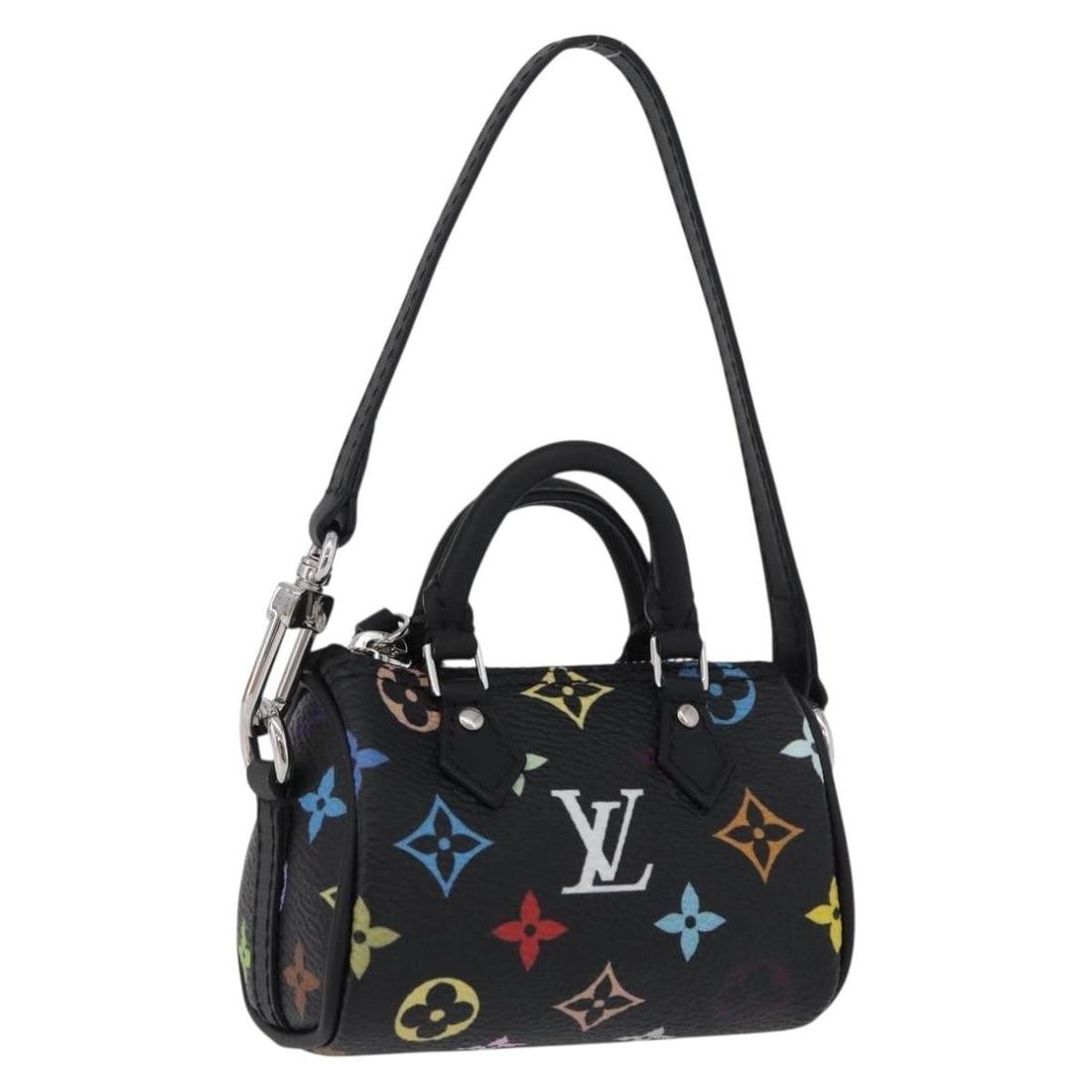 Louis Vuitton M02459 Micro Speedy Multicolor Canvas Bag Charm: Louis Vuitton M02459 Micro Speedy Multicolor Canvas Bag Charm Louis Vuitton Multicolor Micro Speedy bag charm in black Monogram Multicolor canvas. This women's accessory is made in Italy and includes 