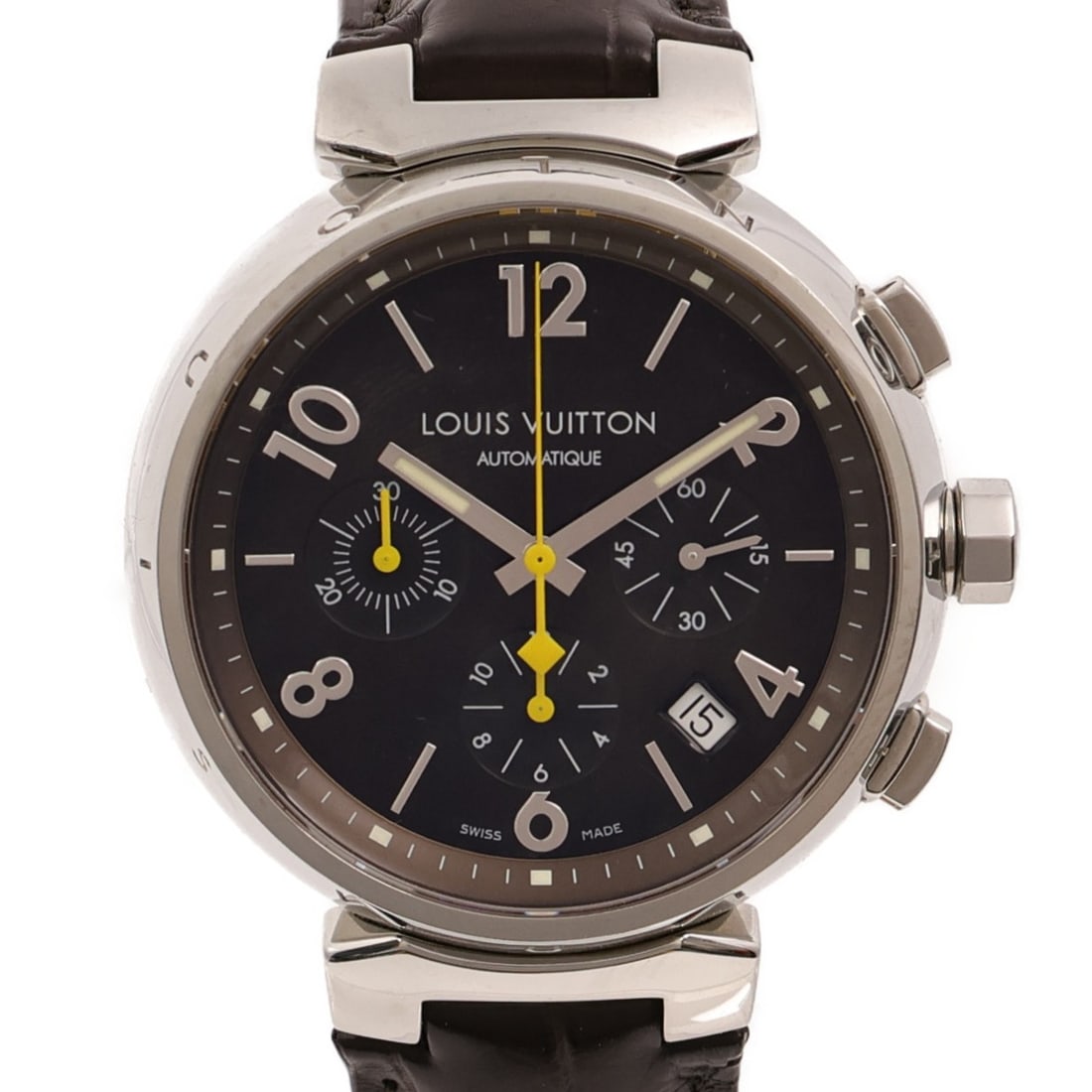Louis Vuitton Q1121 Tambour Chronograph mens automatic steel wristwatch brown: Louis Vuitton Q1121 Tambour Chronograph mens automatic steel wristwatch brown Louis Vuitton Tambour Chronograph Q1121 automatic wristwatch for men with a brown dial and stainless steel case and band. 