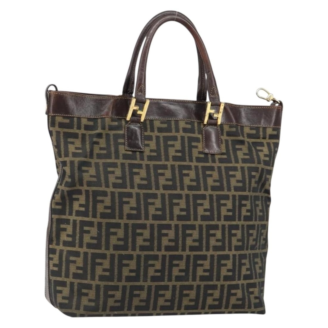 FENDI Zucca Canvas Hand Bag Black Brown with Dust Bag Key Clochette: FENDI Zucca Canvas Hand Bag Black Brown with Dust Bag Key Clochette Fendi women's hand bag made in Italy with Zucca canvas exterior in black and brown. It measures approximately 32 cm W x 34 cm H x 11