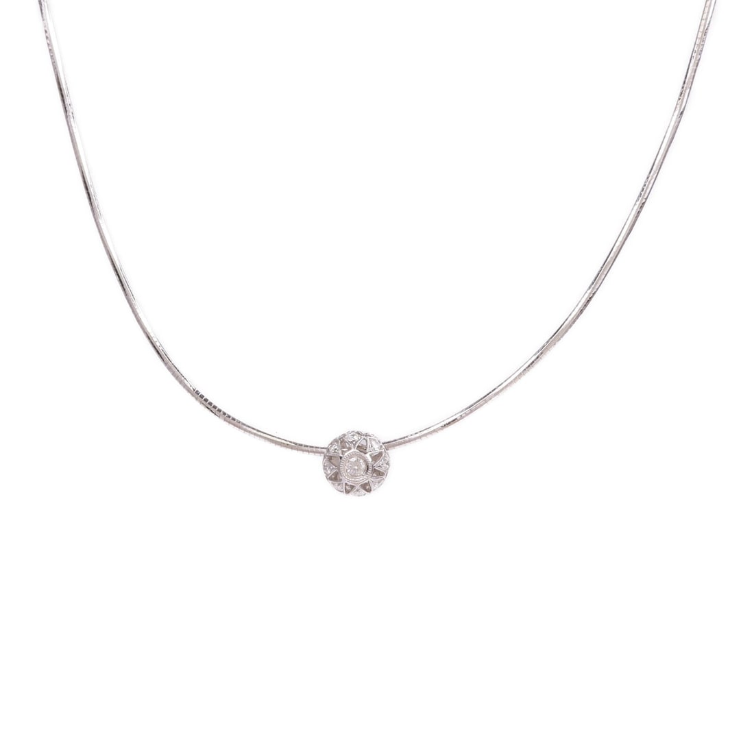 18K White Gold Diamond Necklace for Women: 18K White Gold Diamond Necklace for Women A women's diamond necklace in 18K white gold, featuring a clear diamond and a clear color presentation. The piece is identified as style: necklace and is list