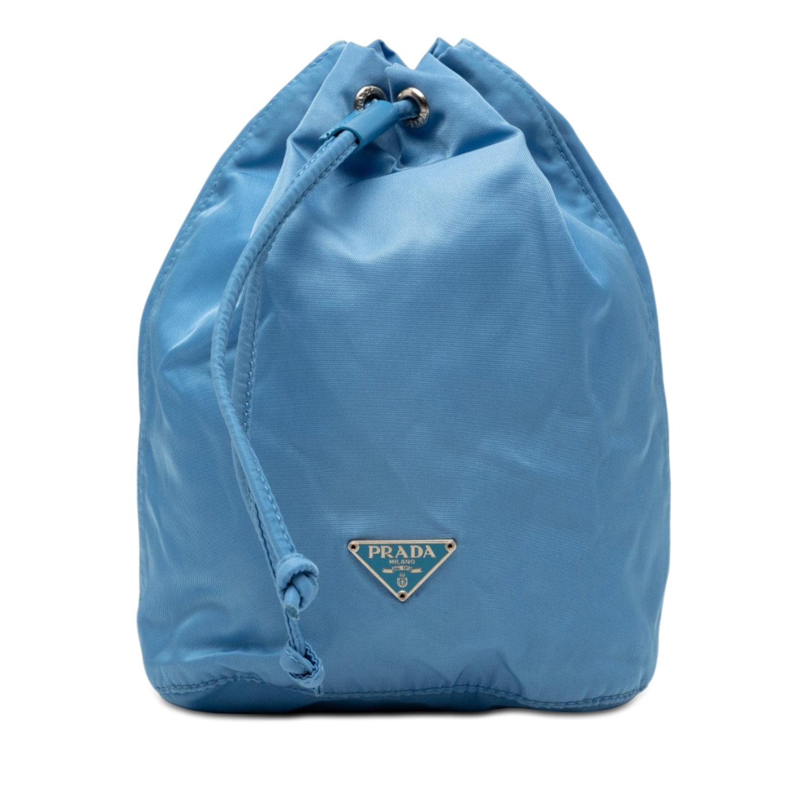 Prada Tessuto Blue Nylon Drawstring Pouch Bag: Prada Tessuto Blue Nylon Drawstring Pouch Bag Prada Tessuto drawstring pouch in blue fabric with a nylon body and open top drawstring closure. Made in Italy. Condition is B+ with noted wear including 