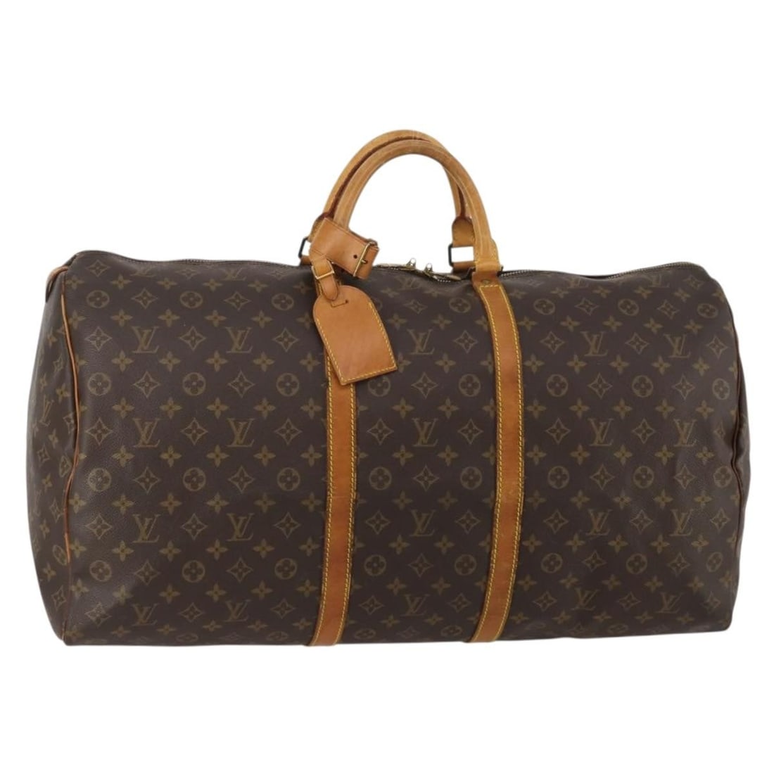 Louis Vuitton M41422 Keepall 60 Monogram Canvas Boston Bag: Louis Vuitton M41422 Keepall 60 Monogram Canvas Boston Bag Louis Vuitton Keepall 60 Boston bag in Monogram canvas. This heavily used bag includes a name tag and Powanie. Condition shows significant we