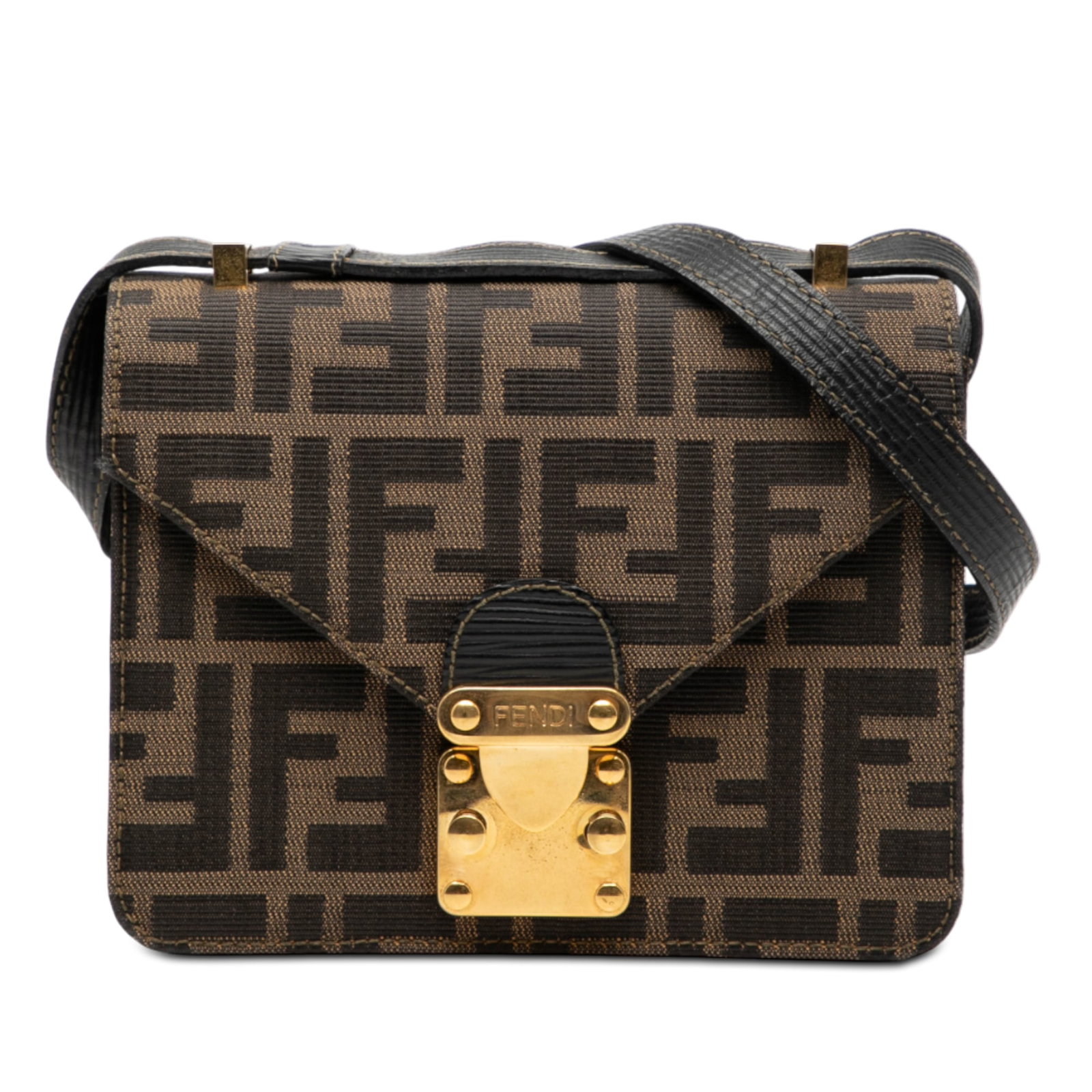 Fendi Zucca Pattern Canvas Crossbody Bag with Flap and Leather Strap: Fendi Zucca Pattern Canvas Crossbody Bag with Flap and Leather Strap This Fendi Zucca Canvas Flap Crossbody bag features a brown canvas body with a flat leather strap and a front flap secured by a met
