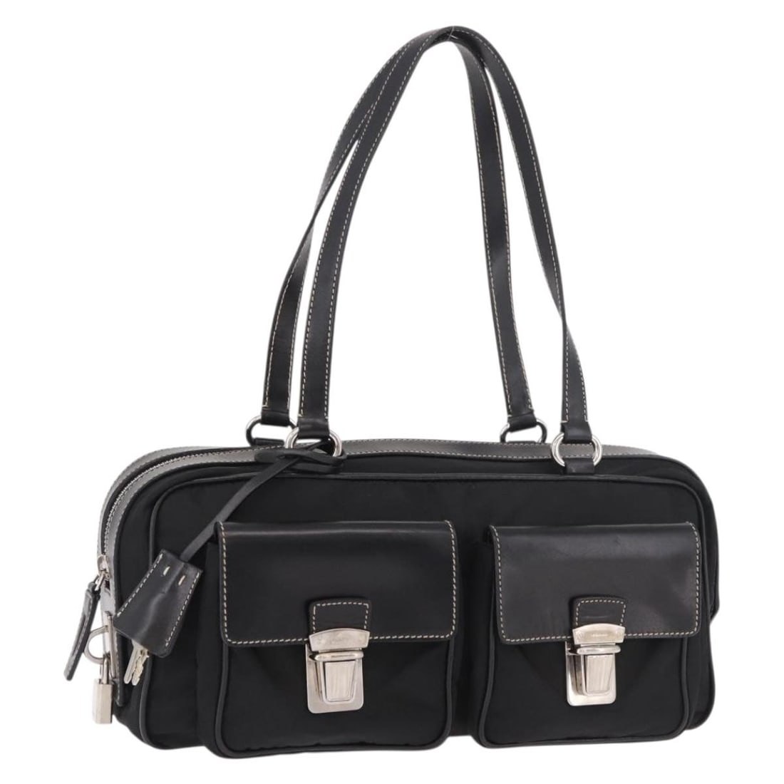 PRADA Nylon Shoulder Bag Black Silver with Dust Bag Padlock Keys (1 of 18)