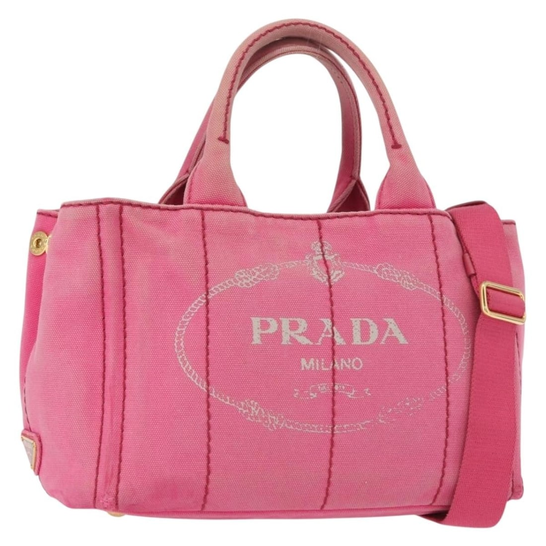 PRADA Canapa PM Canvas 2way Handbag Pink Gold with Strap: PRADA Canapa PM Canvas 2way Handbag Pink Gold with Strap Prada Canapa PM 2-way handbag in pink and gold canvas with dual top handles and a detachable shoulder strap. Made in Italy, this women's bag in