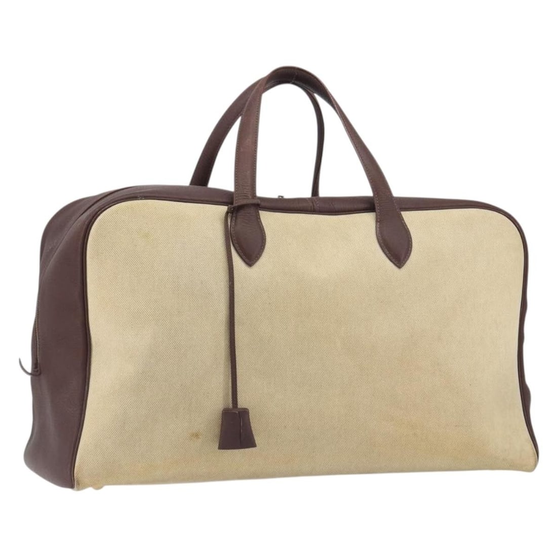 Hermes Victoria 50 Canvas Boston Bag Beige Brown with Keys: Hermes Victoria 50 Canvas Boston Bag Beige Brown with Keys Authentic Hermes Victoria 50 Boston bag in beige and brown canvas. This women's bag includes 2 keys and a clochette. Condition is heavily use