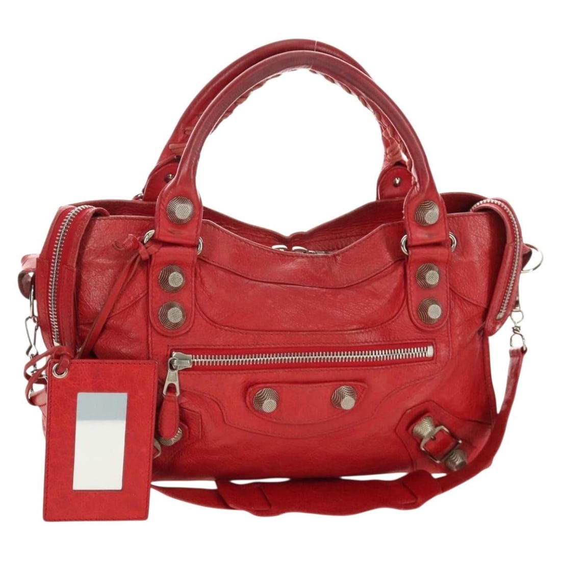 Balenciaga 173084 Giant City 2 Way Leather Handbag Red Silver (1 of 18)