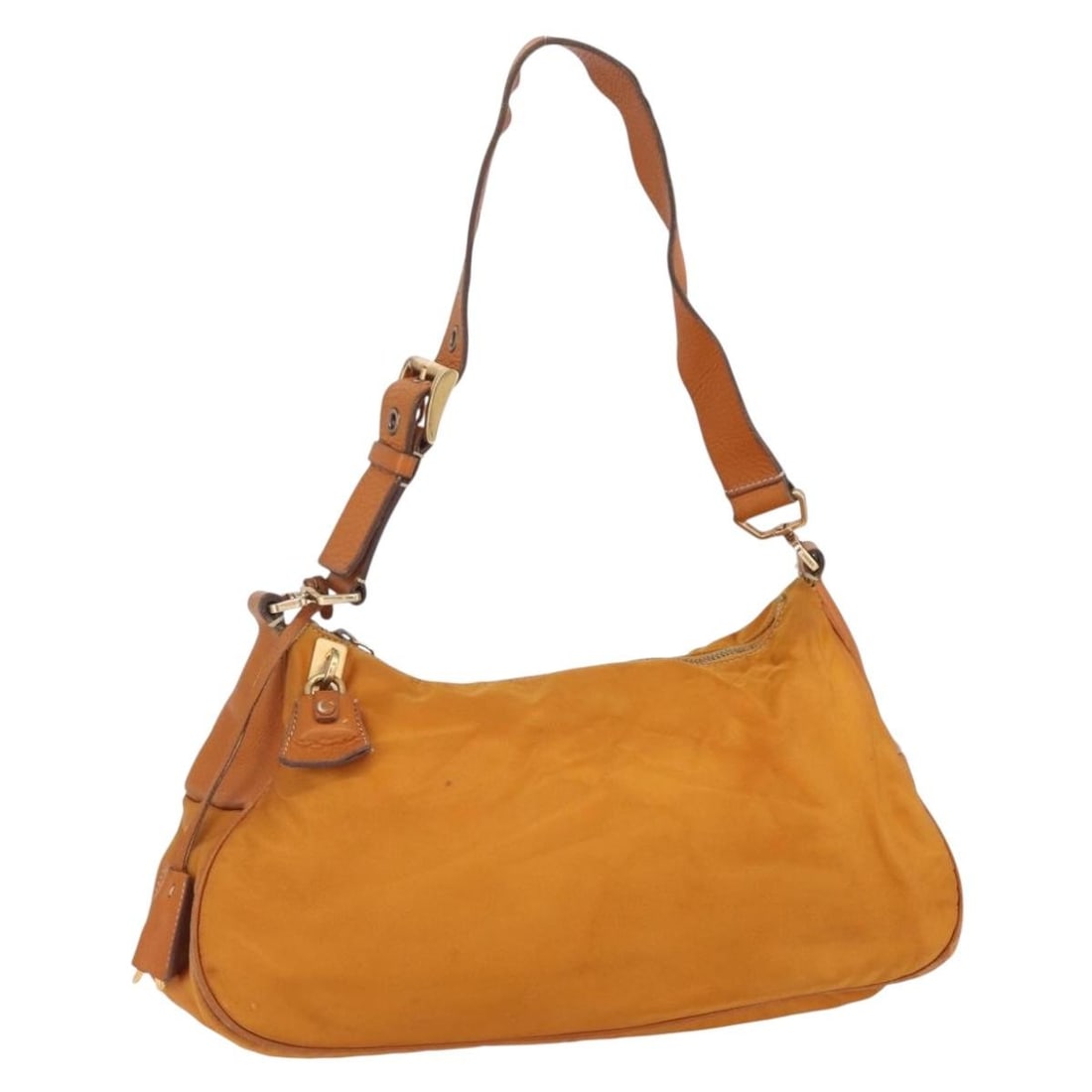 Prada Nylon Orange Gold Shoulder Bag Italy Padlock Key Clochette: Prada Nylon Orange Gold Shoulder Bag Italy Padlock Key Clochette This Prada shoulder bag is crafted from durable nylon in a striking orange and gold color combination. Designed for women, it features 