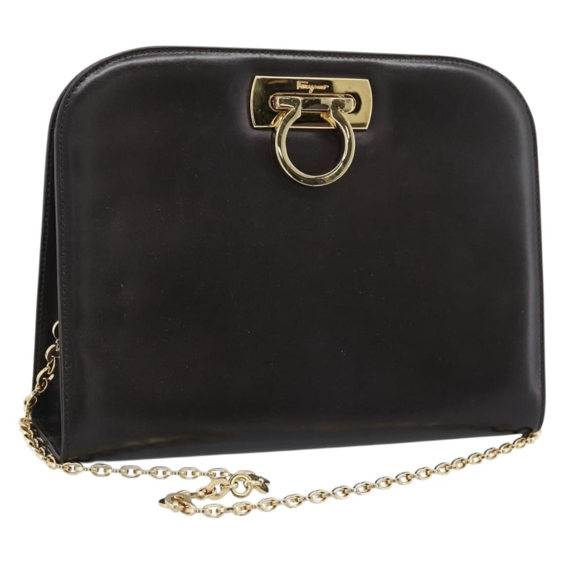 Salvatore Ferragamo leather shoulder bag dark brown with gold tone hardware: Salvatore Ferragamo leather shoulder bag dark brown with gold tone hardware Salvatore Ferragamo Gancini chain shoulder bag in dark brown leather with gold-tone accents. Made in Italy, this women's bag