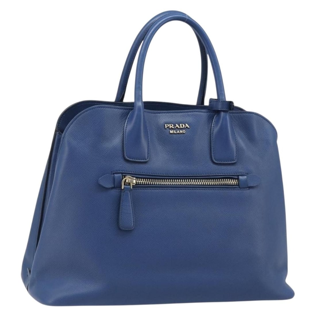 PRADA Saffiano Leather Hand Bag Blue with Gold Tone Made in Italy: PRADA Saffiano Leather Hand Bag Blue with Gold Tone Made in Italy Prada women's Saffiano leather handbag in blue with gold-tone accents, made in Italy. This pre-owned bag shows heavy use, including lo