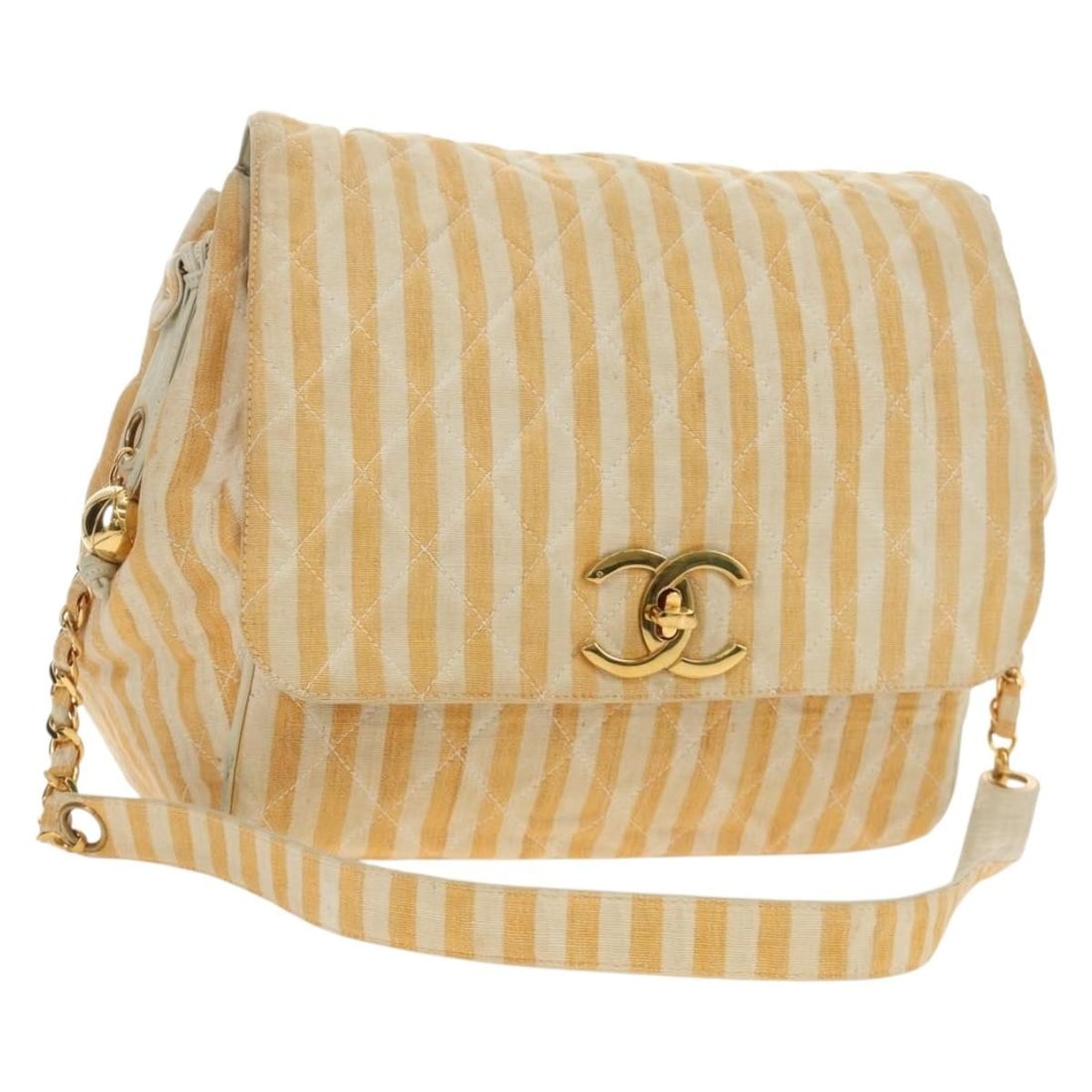 CHANEL CC Quilted Canvas Shoulder Bag Beige Gold Tone: CHANEL CC Quilted Canvas Shoulder Bag Beige Gold Tone Chanel Matelasse chain shoulder bag in beige canvas with gold-tone accents. Made in Italy, this women's shoulder bag includes the item box. Condit