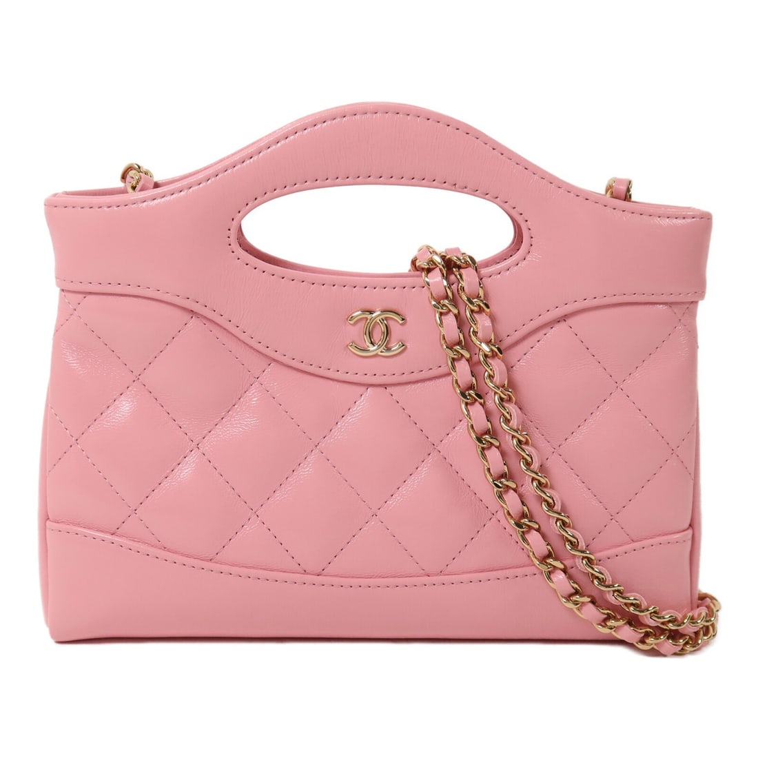 CHANEL 31 Nano 2 Way Chain Shoulder Bag Pink Calfskin CC GHW: CHANEL 31 Nano 2 Way Chain Shoulder Bag Pink Calfskin CC GHW A CHANEL 31 Nano 2 Way Chain Shoulder Bag in pink calfskin (cowhide) leather, designed for women and offered in very good AB condition. It 