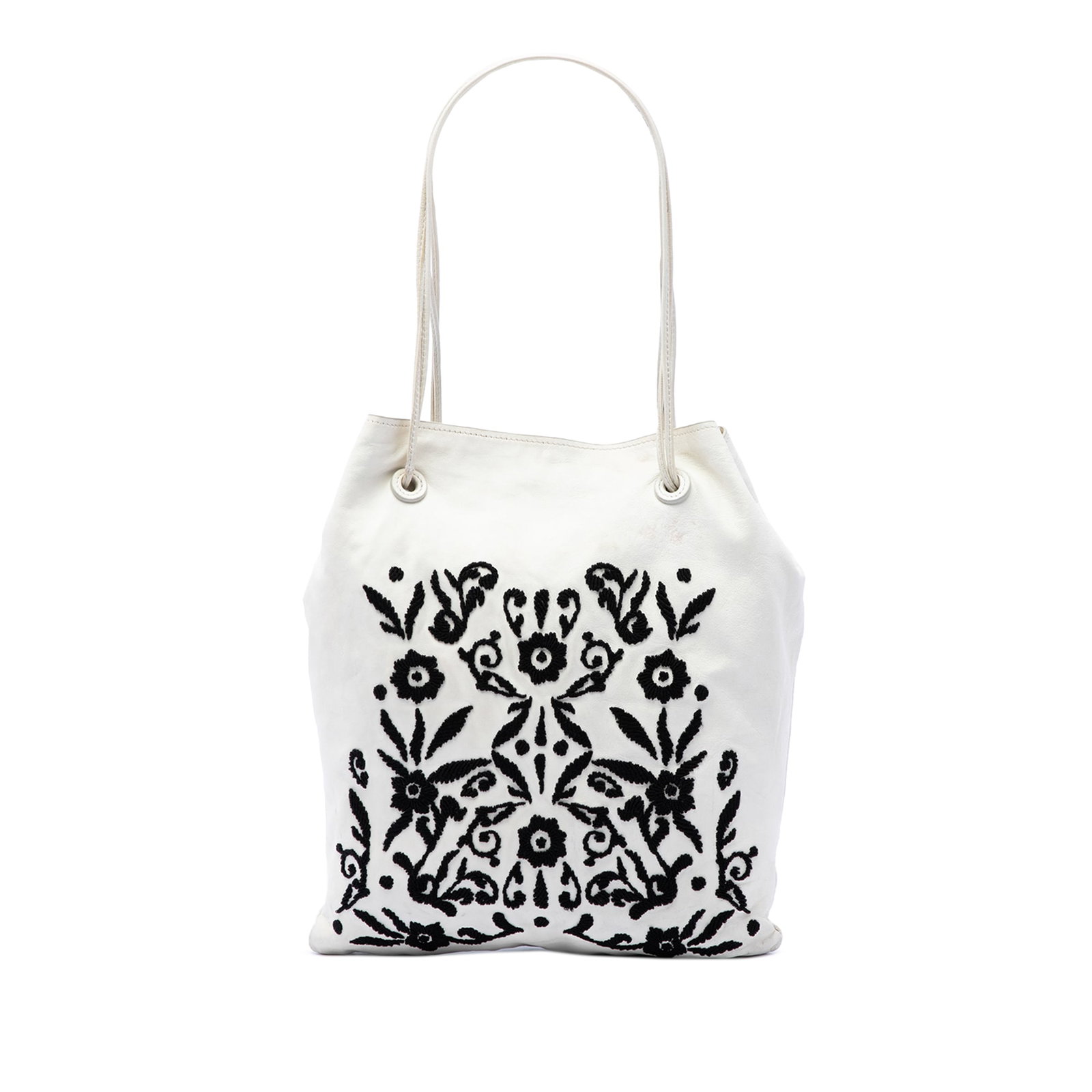 Prada Nappa Ricamo Embroidered Leather Tote Bag White: Prada Nappa Ricamo Embroidered Leather Tote Bag White Prada Nappa Ricamo tote in white leather with an embroidered nappa leather body, flat leather straps, an open top, and an interior slip pocket. Ma