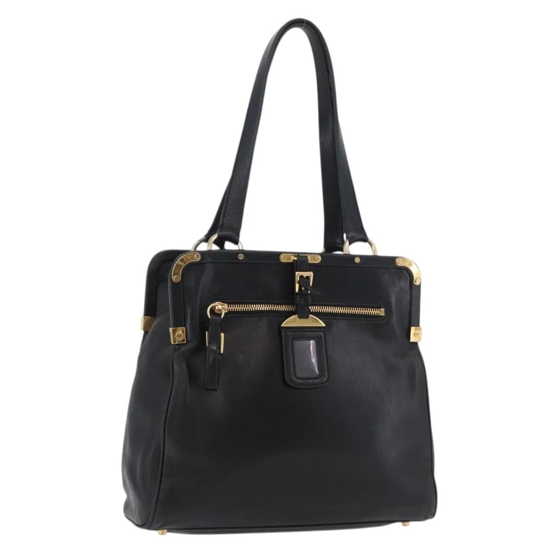 Prada black gold leather tote with name tag Italy: Prada black gold leather tote with name tag Italy This PRADA tote bag is crafted from black and gold leather and designed for women. Made in Italy, it features a spacious interior and comes with a nam