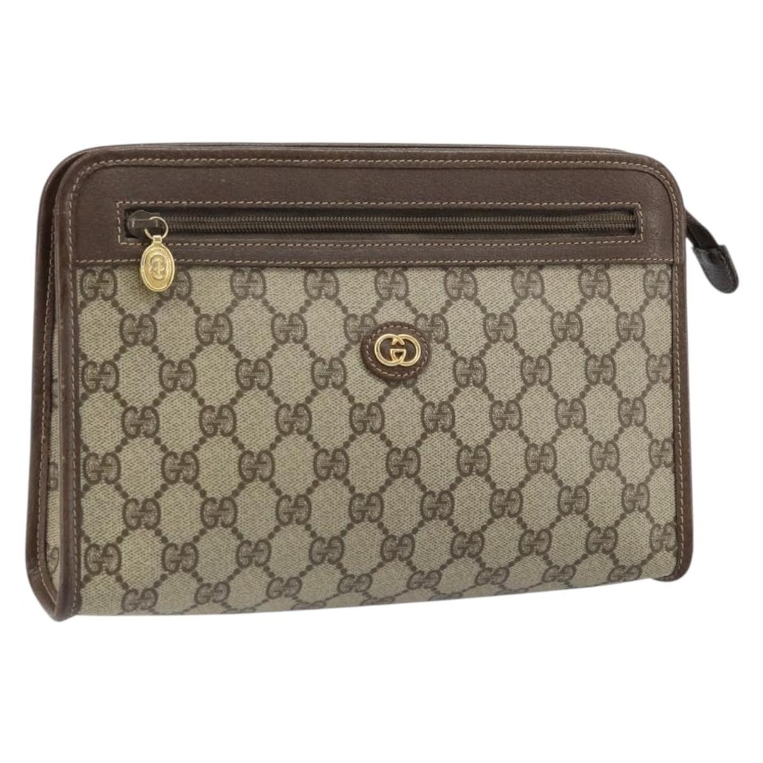 Gucci 014 115 6063 4023 GG Supreme PVC clutch in beige gold: Gucci 014 115 6063 4023 GG Supreme PVC clutch in beige gold Gucci GG Supreme clutch bag in beige and gold PVC leather with GG canvas. Made in Italy for the women's department. This pre-owned bag shows