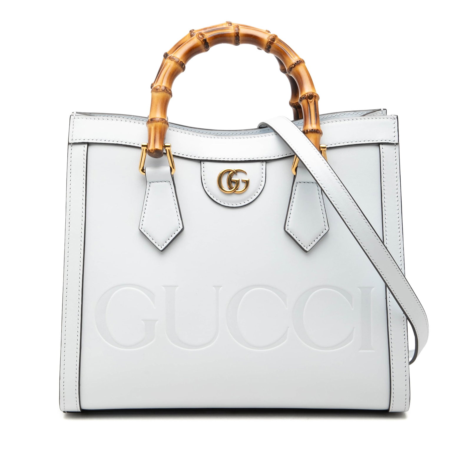 Gucci Diana Medium Bamboo Handle White Calfskin Satchel: Gucci Diana Medium Bamboo Handle White Calfskin Satchel Gucci Medium Calfskin Bamboo Diana Satchel crafted with a leather body and embossed logo detail. This satchel features bamboo handles, a detacha