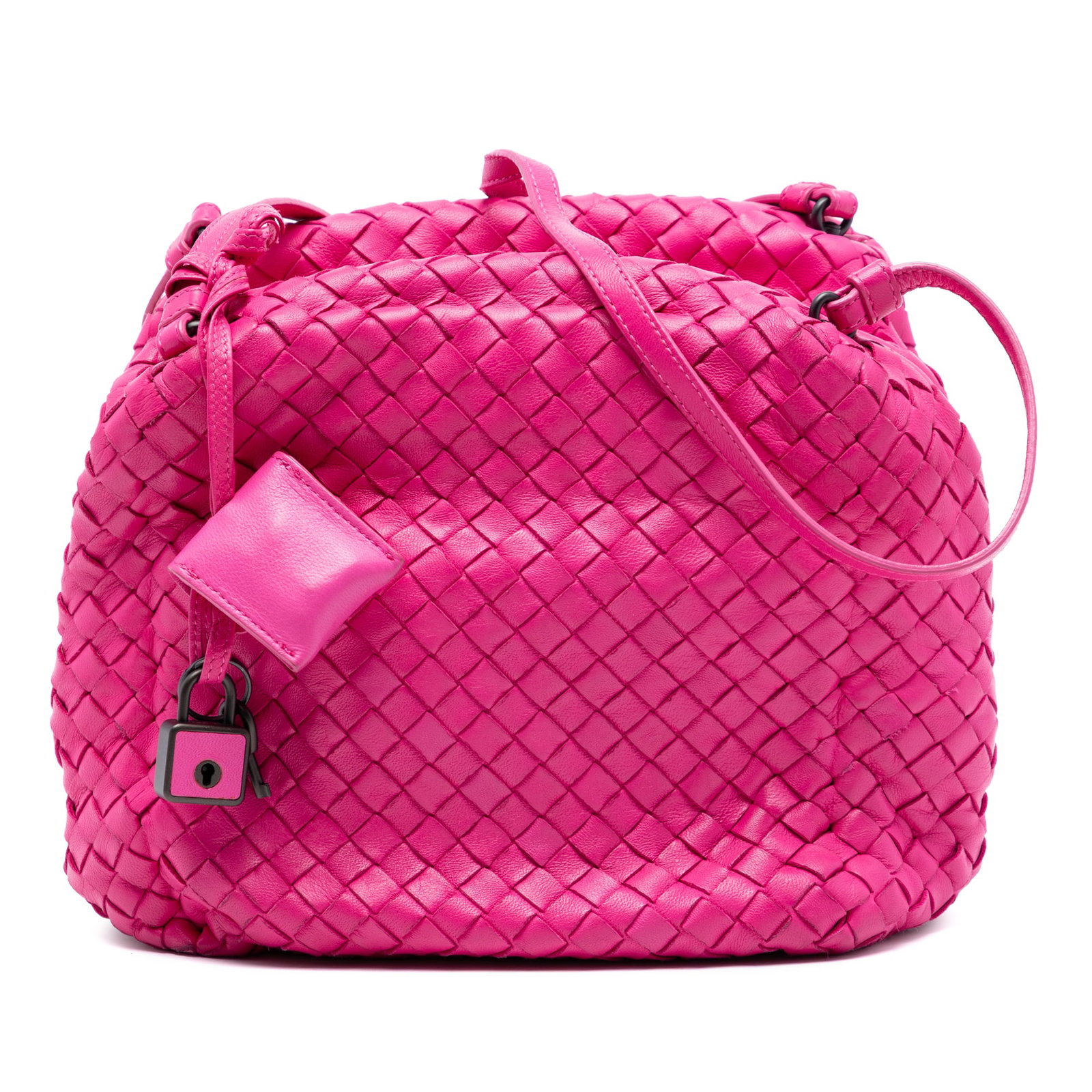 Bottega Veneta Intrecciato Nappa Leather Cube Pink Crossbody Bag: Bottega Veneta Intrecciato Nappa Leather Cube Pink Crossbody Bag This crossbody bag features a woven nappa leather body in pink, flat leather shoulder straps, dual top zip closures, and an interior zi