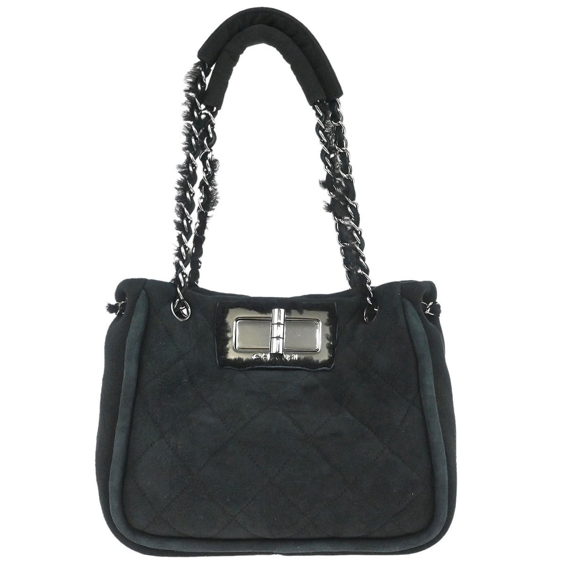 CHANEL Mademoiselle Lock Chain Tote Black Mouton Handbag: CHANEL Mademoiselle Lock Chain Tote Black Mouton Handbag Chanel Mademoiselle Lock Chain tote bag in black mouton with logo accents and an inner pocket. Made in France, this medium handbag features the