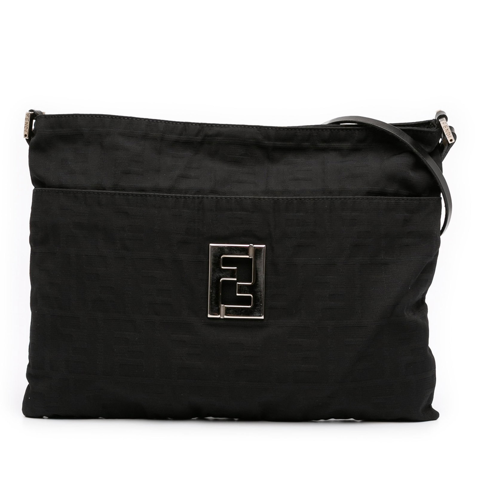 Fendi Zucca canvas shoulder bag with leather strap: Fendi Zucca canvas shoulder bag with leather strap This Fendi Zucca Canvas Shoulder Bag features a canvas body with the iconic Zucca pattern, complemented by a flat leather strap. The bag is designed 