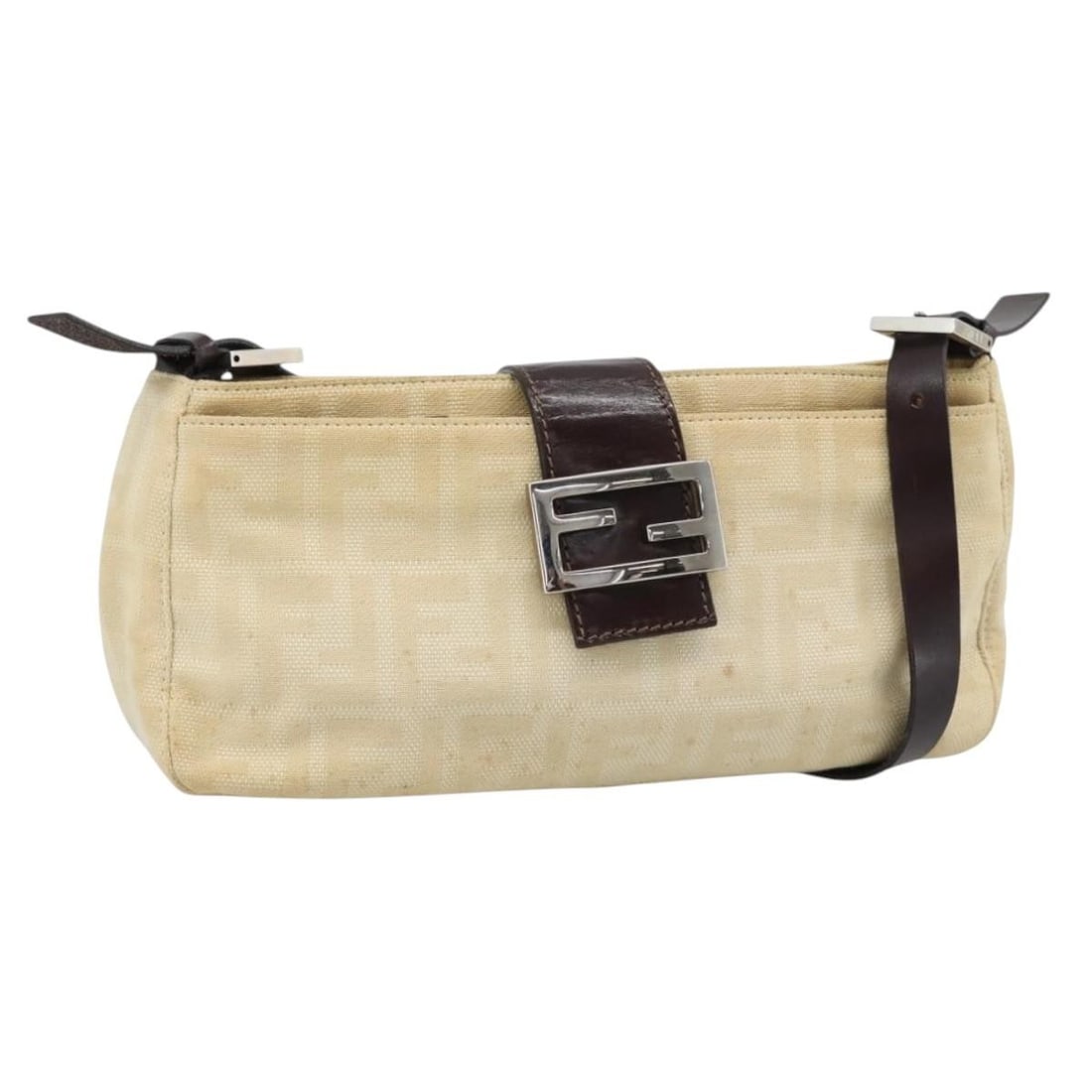 FENDI Mamma Baguette Shoulder Bag in Beige Silver Zucca Canvas: FENDI Mamma Baguette Shoulder Bag in Beige Silver Zucca Canvas Fendi Mamma Baguette shoulder bag in beige and silver Zucca canvas. This women's shoulder bag is made in Italy and features an adjustable