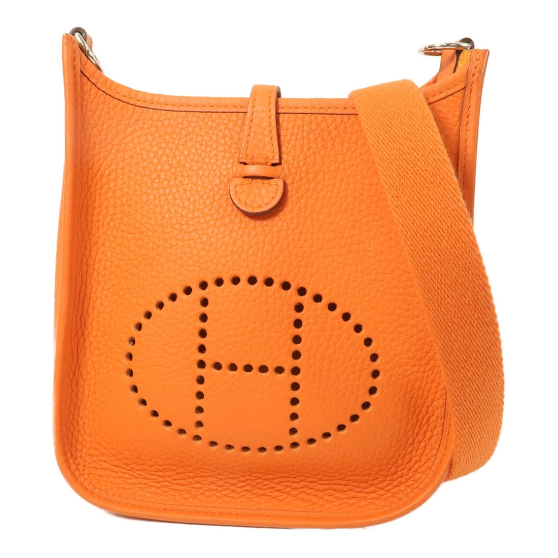 Hermes Evelyne TPM Taurillon Clemence Shoulder Bag Feu Orange PHW: Hermes Evelyne TPM Taurillon Clemence Shoulder Bag Feu Orange PHW Hermes Evelyne TPM shoulder bag in Feu Taurillon Clemence leather with palladium-tone hardware. Made in France, this women's shoulder 
