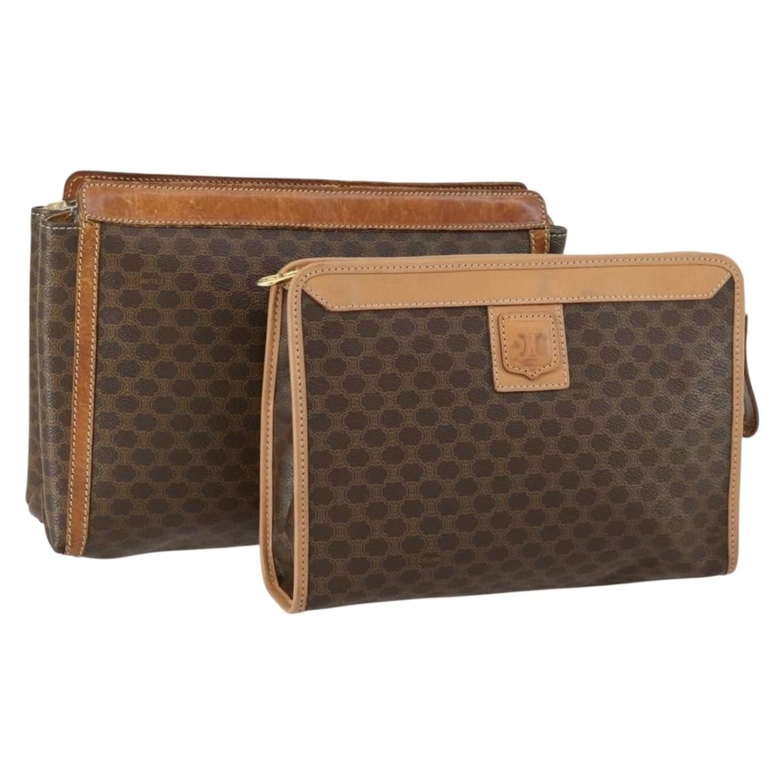 Set of 2 Celine Macadam Brown PVC Clutch Bags: Set of 2 Celine Macadam Brown PVC Clutch Bags This is a set of two CELINE clutch bags crafted from brown PVC leather and Macadam canvas. Made in Italy, these clutches feature the classic CELINE design