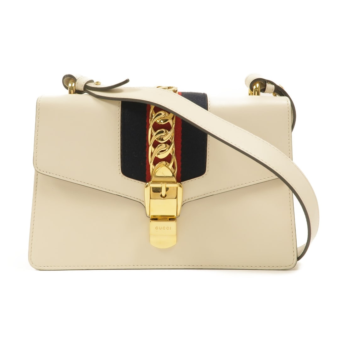 Gucci Sylvie 421882 White Calfskin Shoulder Bag: Gucci Sylvie 421882 White Calfskin Shoulder Bag Gucci Sylvie shoulder bag in white calfskin leather with GG hardware and a turn-lock closure. Made in Italy, this women's bag features an open interior 