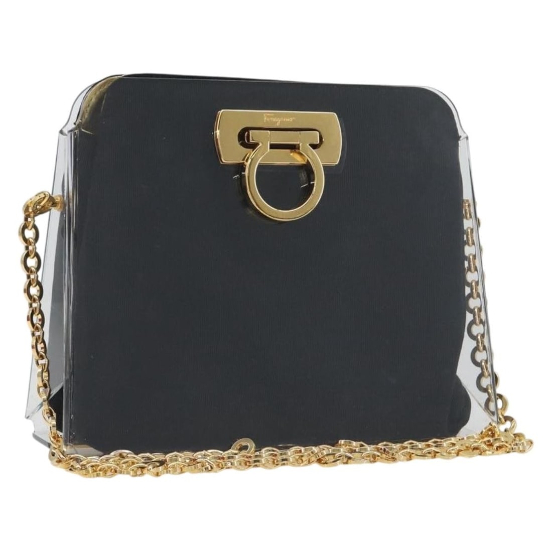 Salvatore Ferragamo Gancini Clear Plastic Shoulder Bag Gold Tone: Salvatore Ferragamo Gancini Clear Plastic Shoulder Bag Gold Tone Salvatore Ferragamo Gancini chain shoulder bag in clear and gold plastic. Includes a dust bag. Made in Italy. Condition is heavily used