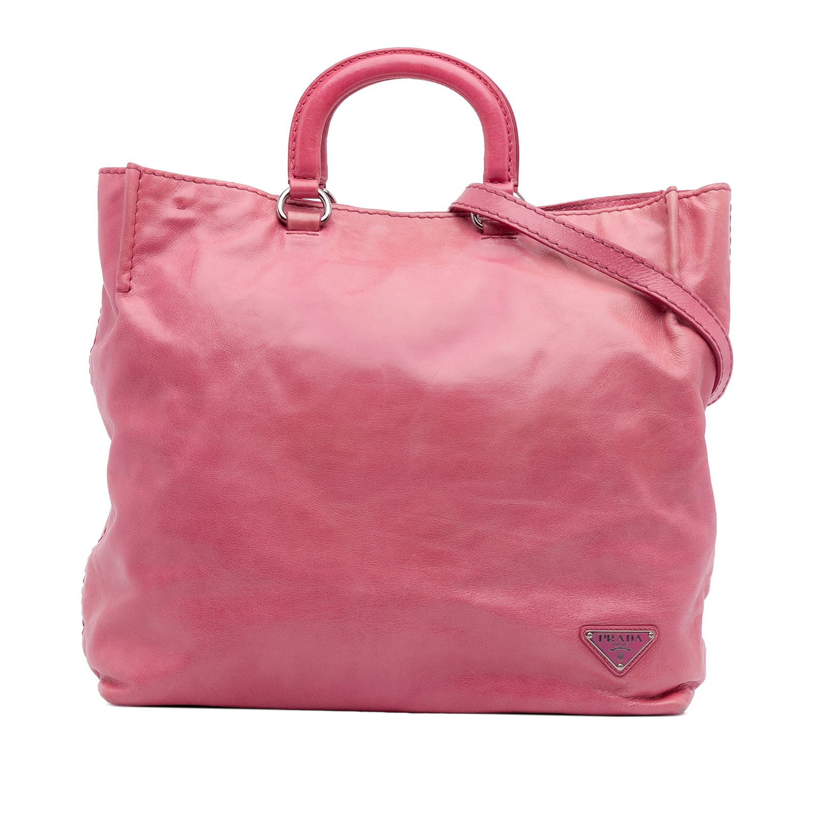 Prada Vitello Shine Pink Leather Convertible Satchel with Detachable Strap: Prada Vitello Shine Pink Leather Convertible Satchel with Detachable Strap This Prada Vitello Shine Open Convertible Tote showcases a pink leather body with flat handles and a detachable strap for ver