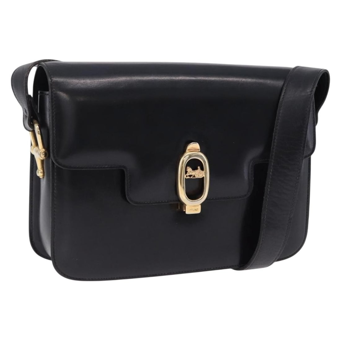 CELINE leather shoulder bag black with gold tone horse carriage: CELINE leather shoulder bag black with gold tone horse carriage Celine Horse Carriage shoulder bag in black leather with gold tone accents. Made in Italy, this women's shoulder bag is offered as the i