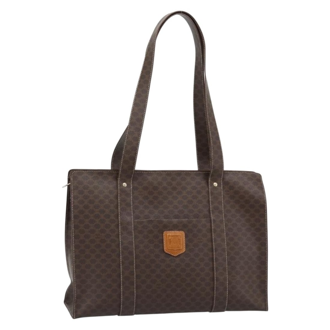 CELINE Macadam Canvas PVC Leather Tote Brown Gold: CELINE Macadam Canvas PVC Leather Tote Brown Gold CELINE Macadam Canvas Tote Bag in brown and gold PVC leather with Macadam canvas detailing. This women's tote is made in Italy and features a structur