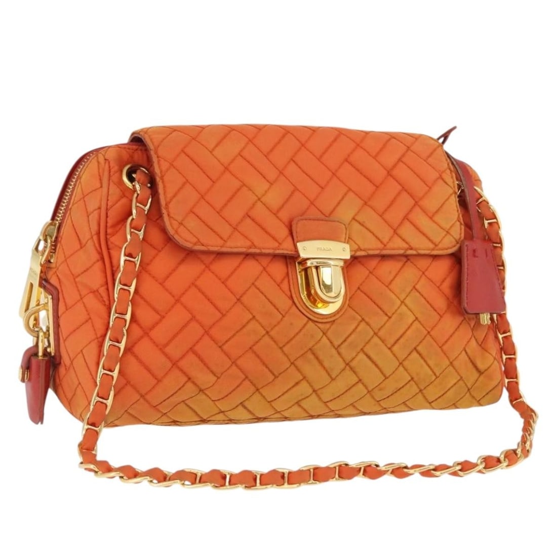 Prada orange nylon quilted shoulder bag with padlock and key: Prada orange nylon quilted shoulder bag with padlock and key This PRADA quilted chain shoulder bag features an orange and gold nylon exterior with gold-tone hardware. Designed for women, the bag inclu