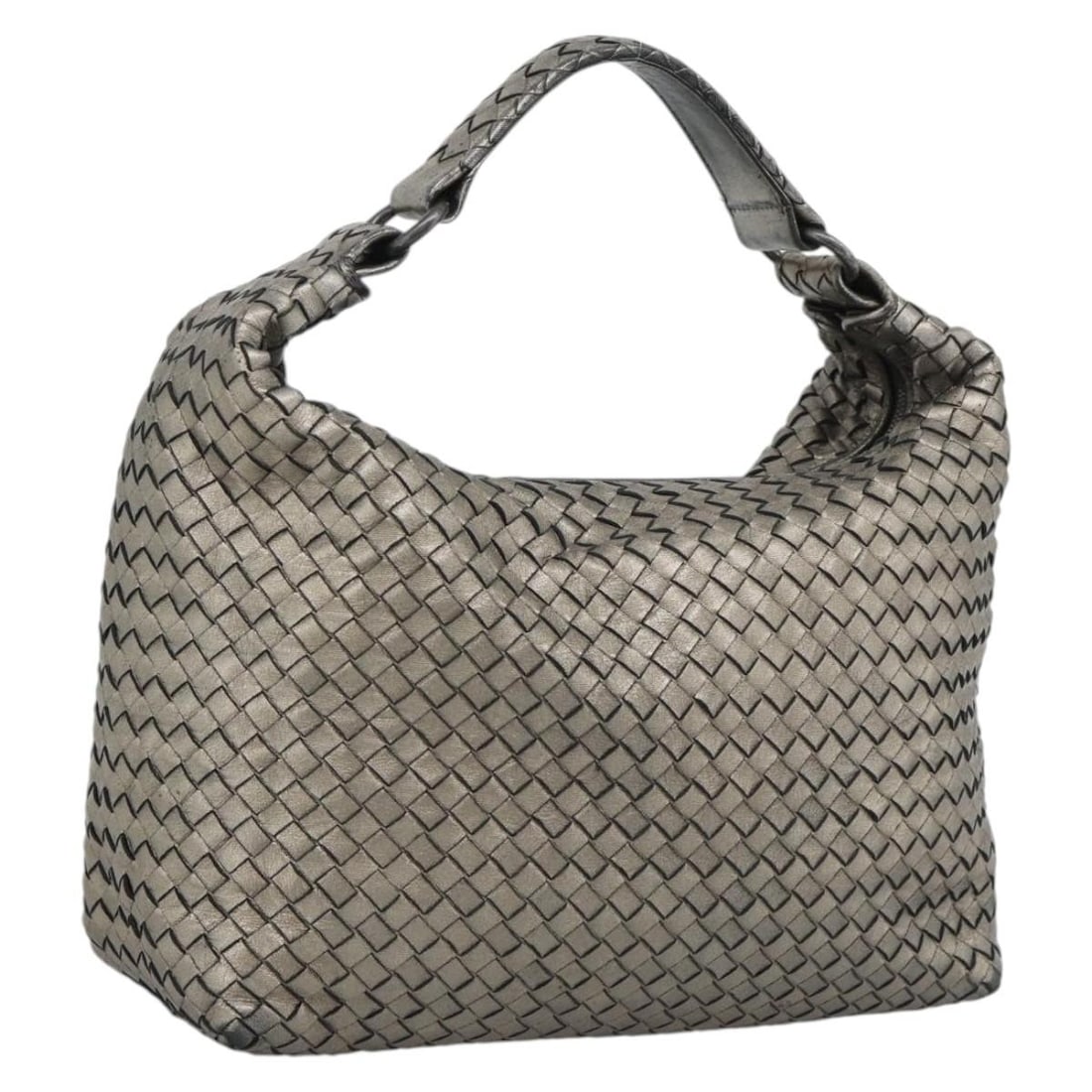 Bottega Veneta Intrecciato Leather Shoulder Bag in Silver: Bottega Veneta Intrecciato Leather Shoulder Bag in Silver Bottega Veneta Intrecciato shoulder bag in silver leather. This women's bag is made in Italy and features the brand's signature Intrecciato wo