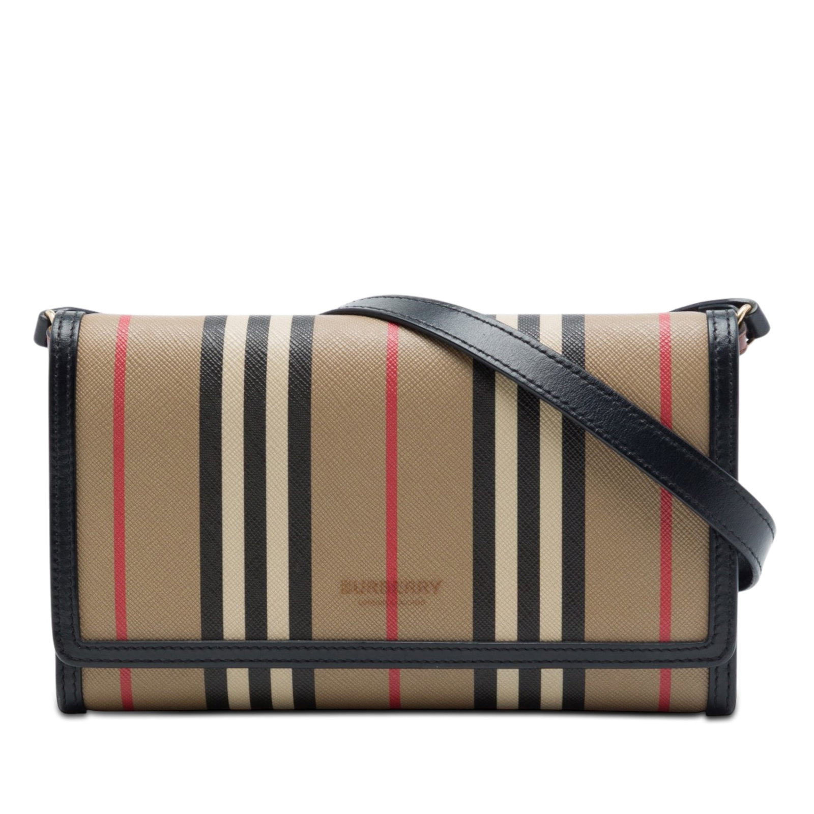 Burberry Hannah Wallet on Strap Icon Stripe Canvas Crossbody: Burberry Hannah Wallet on Strap Icon Stripe Canvas Crossbody Burberry Icon Stripe E Canvas Hannah Wallet on Strap crossbody bag with a coated canvas body and leather trim. It features an adjustable fl