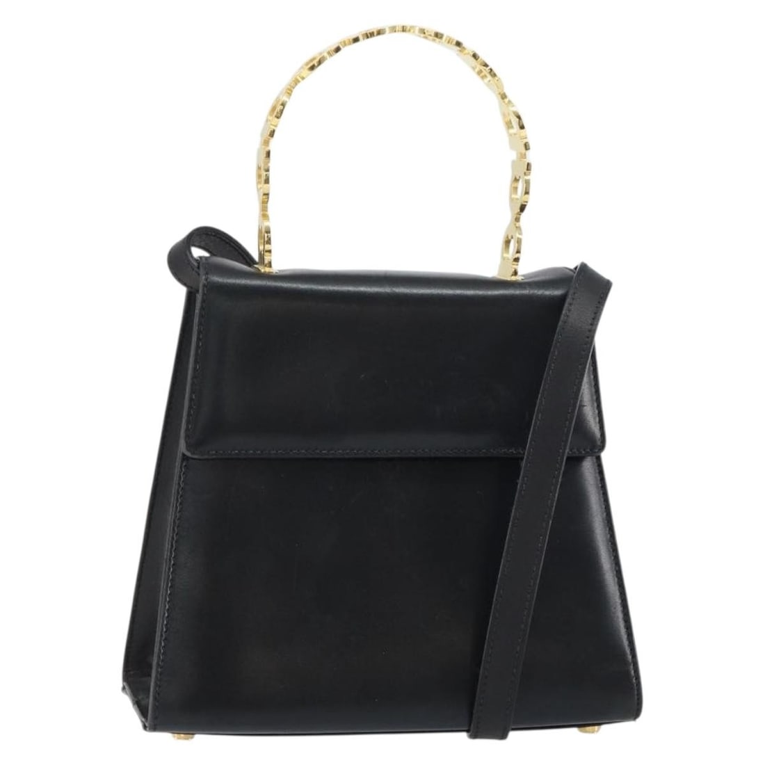 Salvatore Ferragamo Gancini 2way Leather Handbag Black Gold Strap: Salvatore Ferragamo Gancini 2way Leather Handbag Black Gold Strap Salvatore Ferragamo Gancini hand bag in black and gold leather, made in Italy. This women's bag comes with a shoulder strap and featur