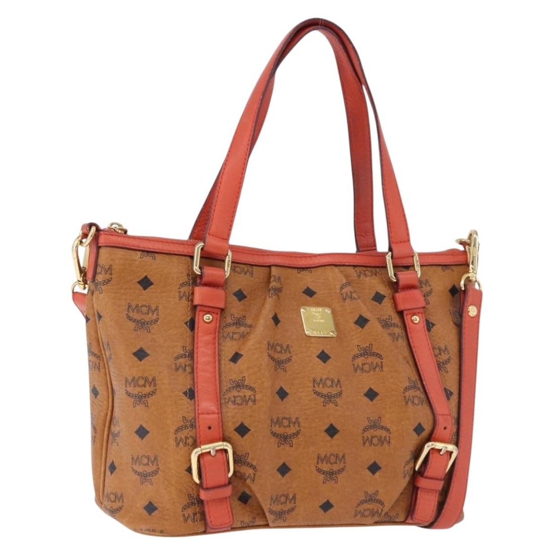 MCM Vicetos 2way Tote Bag Brown PVC Leather Shoulder Strap: MCM Vicetos 2way Tote Bag Brown PVC Leather Shoulder Strap MCM Vicetos tote bag in PVC leather with a brown and gold tone finish. This 2-way style includes a shoulder strap and has a structured tote s