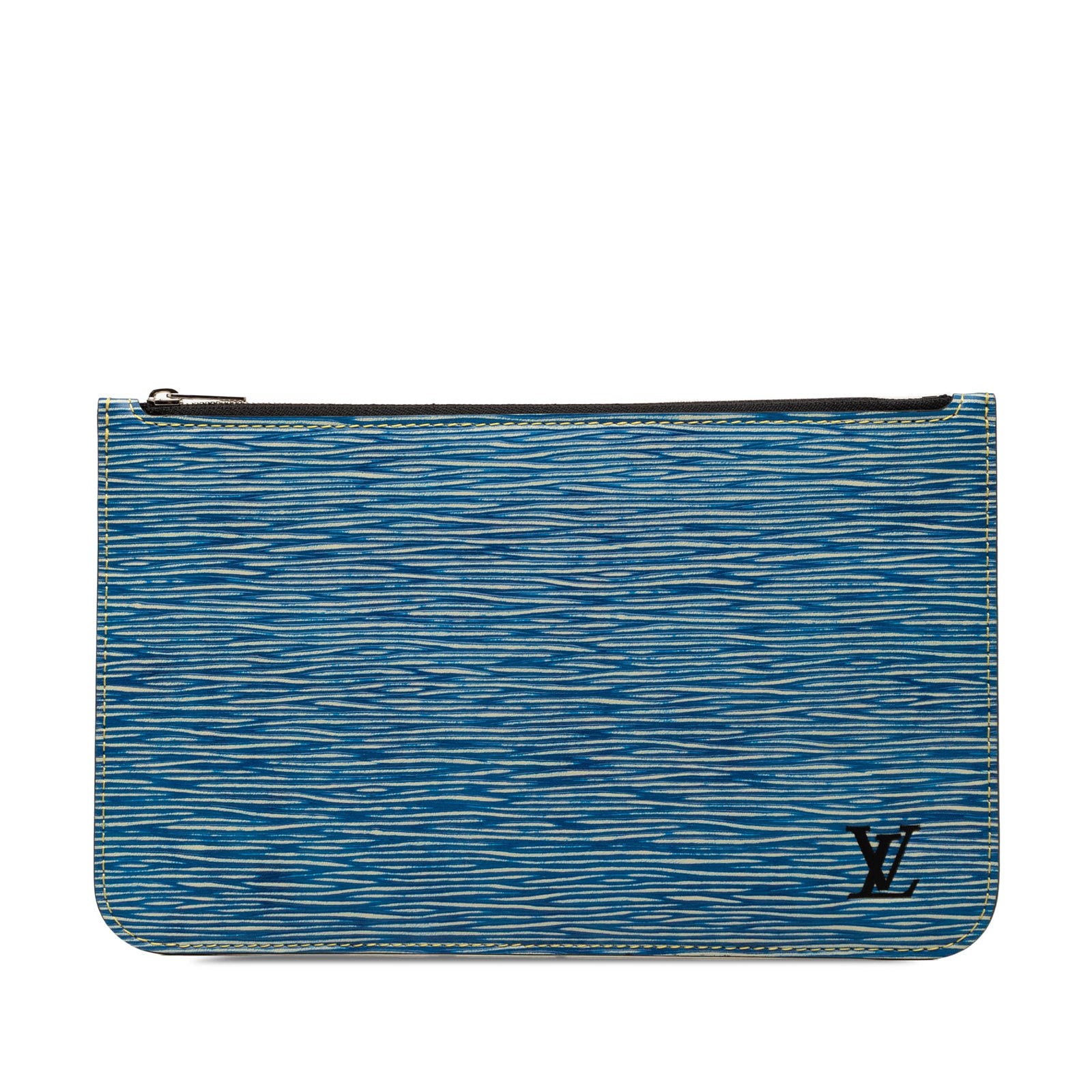 Louis Vuitton Neverfull Pouch in Blue Epi Leather with Wrist Strap: Louis Vuitton Neverfull Pouch in Blue Epi Leather with Wrist Strap Louis Vuitton Epi Denim Neverfull Pouch in blue leather with a detachable flat wrist strap, top zip closure, and an interior slip poc