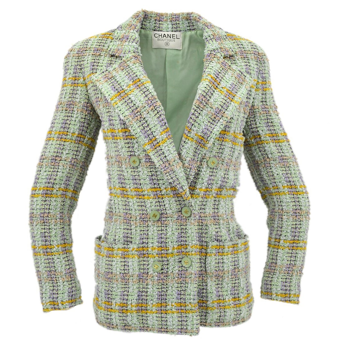 CHANEL vintage green tweed long jacket collared silk lined (1 of 10)