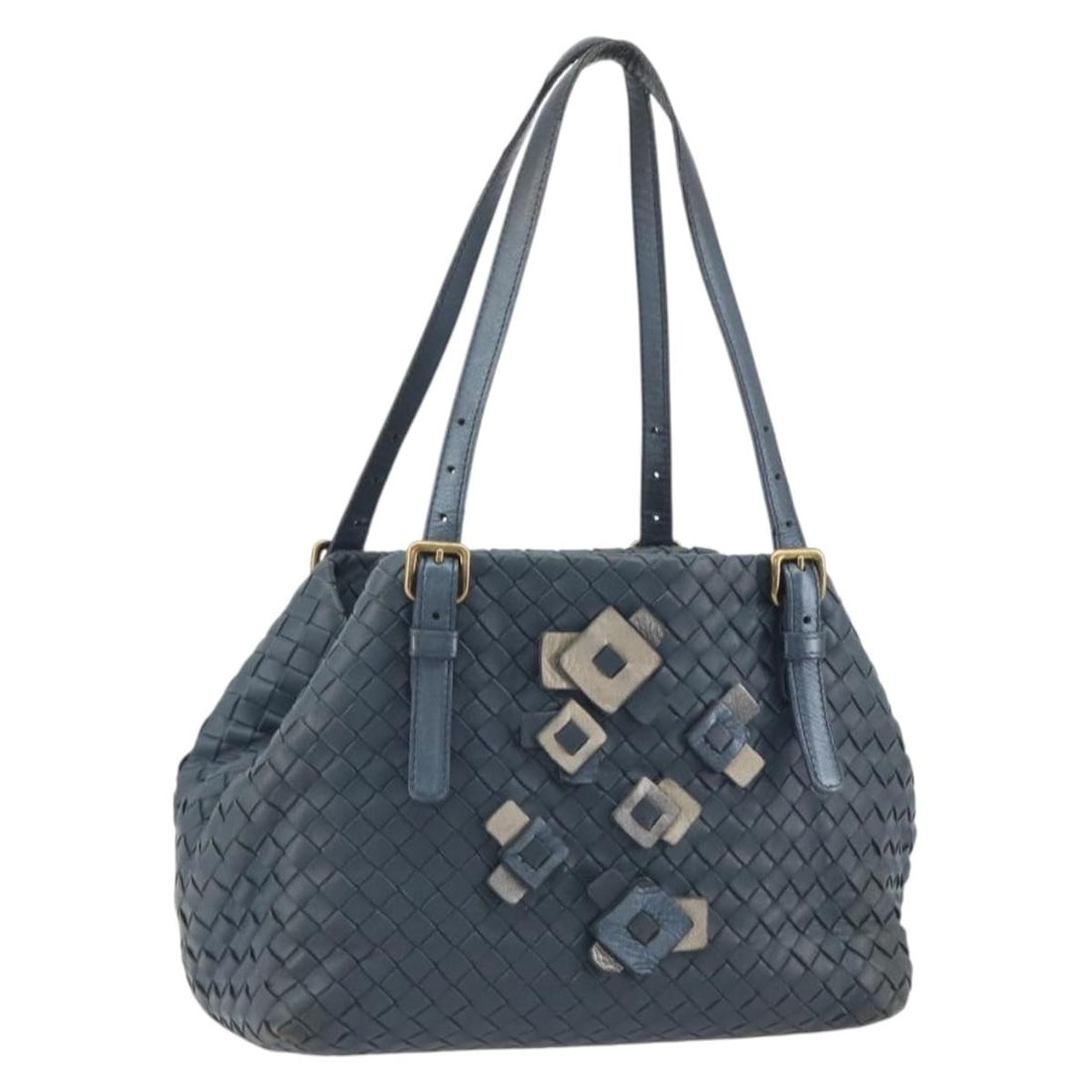 Bottega Veneta Intrecciato Blue Gold Leather Hand Bag: Bottega Veneta Intrecciato Blue Gold Leather Hand Bag Bottega Veneta Intrecciato handbag in blue leather with gold-tone accents. Made in Italy, this women's handbag is offered as the photographed item