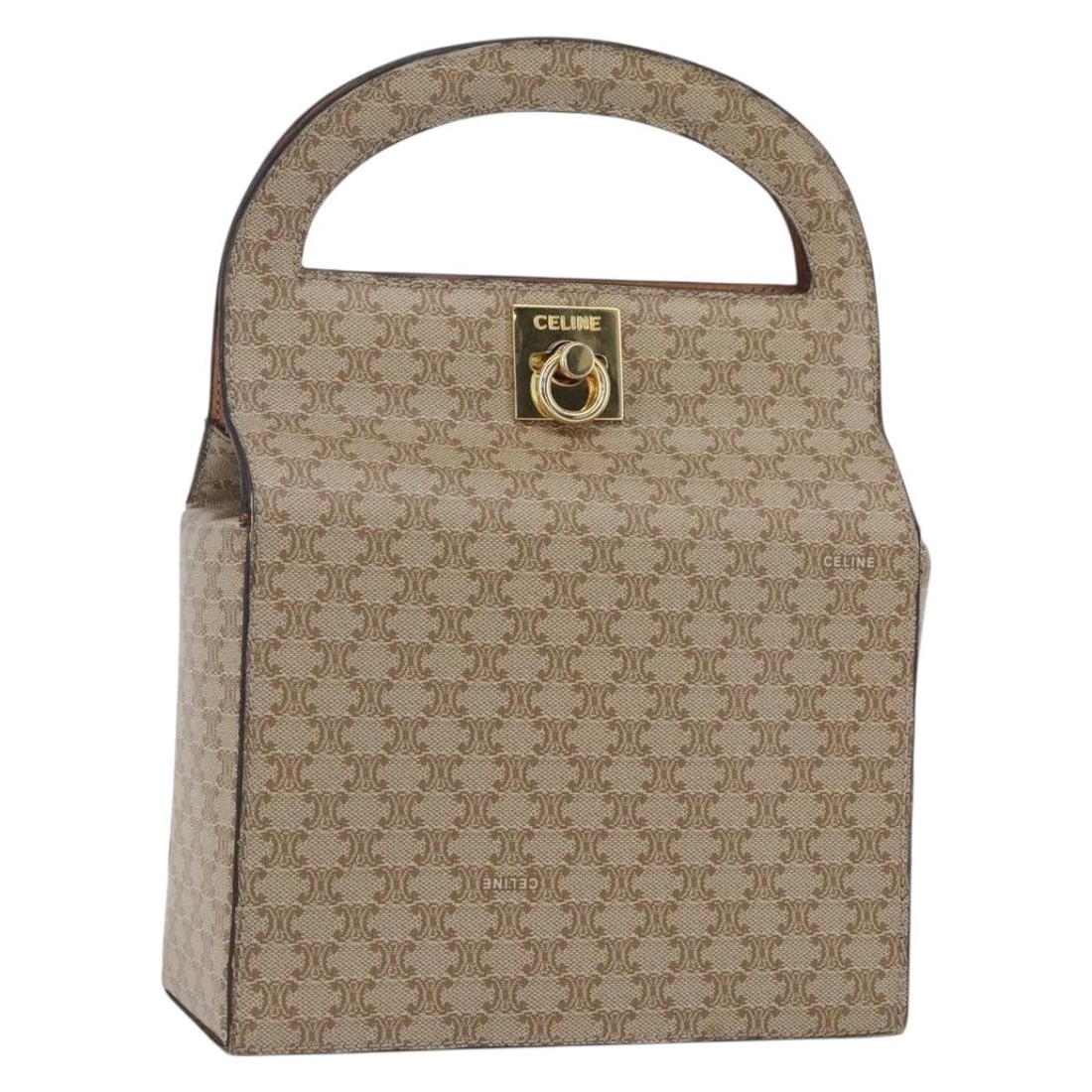 CELINE Macadam PVC Leather Handbag Beige Gold Made in Italy: CELINE Macadam PVC Leather Handbag Beige Gold Made in Italy Celine Macadam canvas hand bag in beige and gold with PVC leather trim. Made in Italy. This pre-owned bag shows heavy use, including slight 