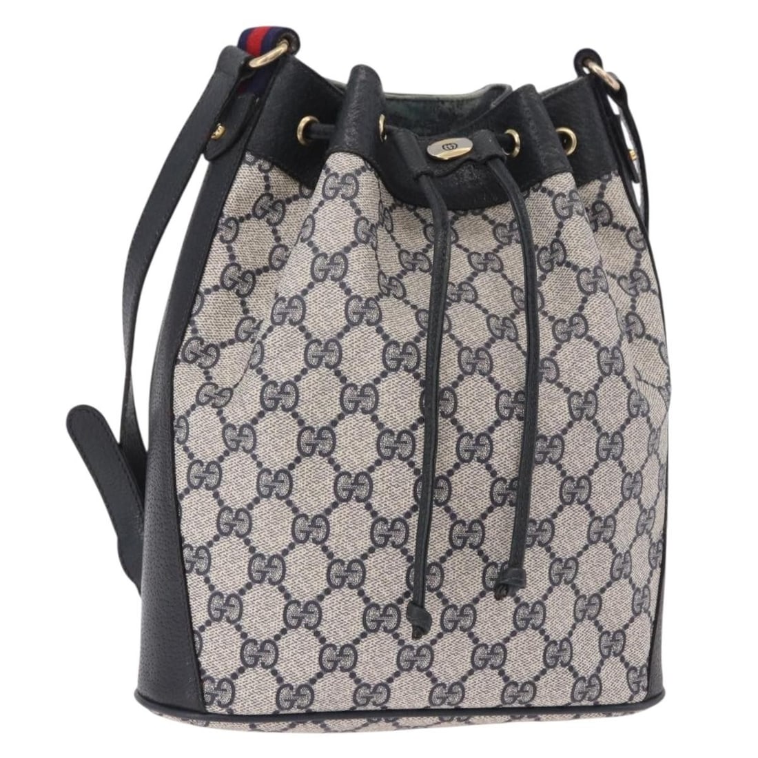 Gucci 41 02 034 GG Supreme Sherry Line PVC Shoulder Bag Navy Gold: Gucci 41 02 034 GG Supreme Sherry Line PVC Shoulder Bag Navy Gold Gucci GG Supreme Sherry Line shoulder bag in navy and gold PVC leather with GG canvas. Made in Italy, this women's shoulder bag is off